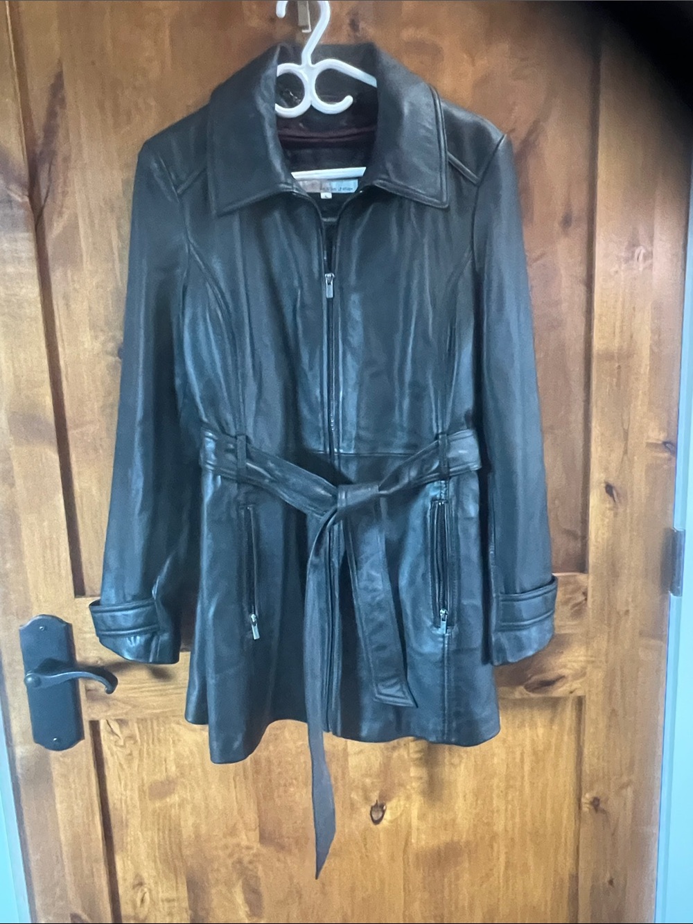 Wilsons Leather Black Long Zip Leather Jacket with Belt